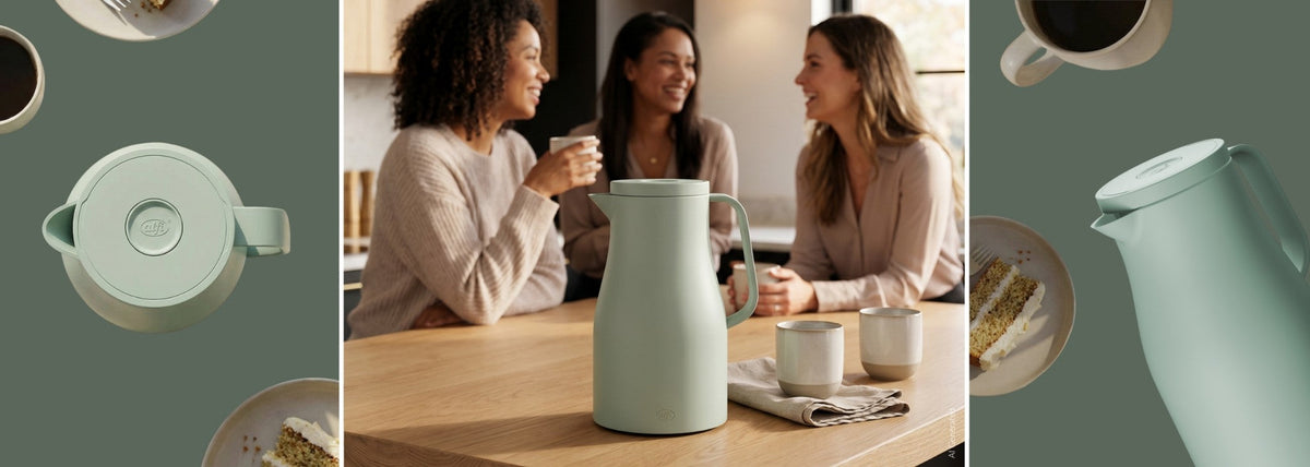 alfi Neo isoleerkannen op een tafel met koffie en gebak