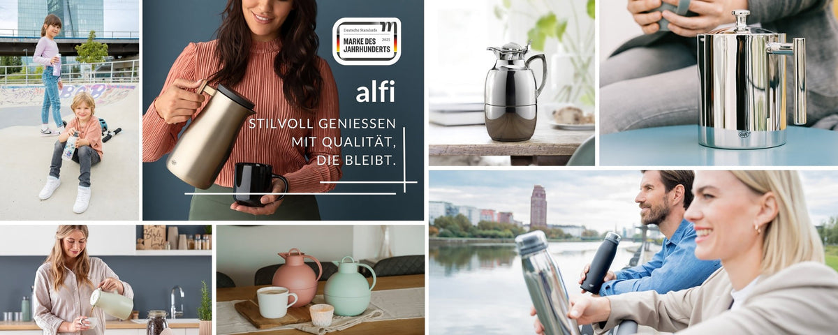 alfi isoleerkannen in een sfeervolle setting, Duits merk sinds 1914